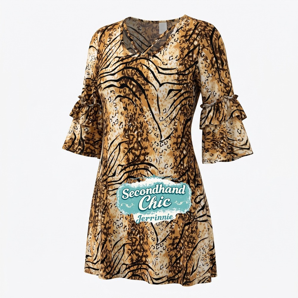 Animal Print Ruffle Bell Sleeve V-Neck Tunic Dress with Pockets Brown Tan Large